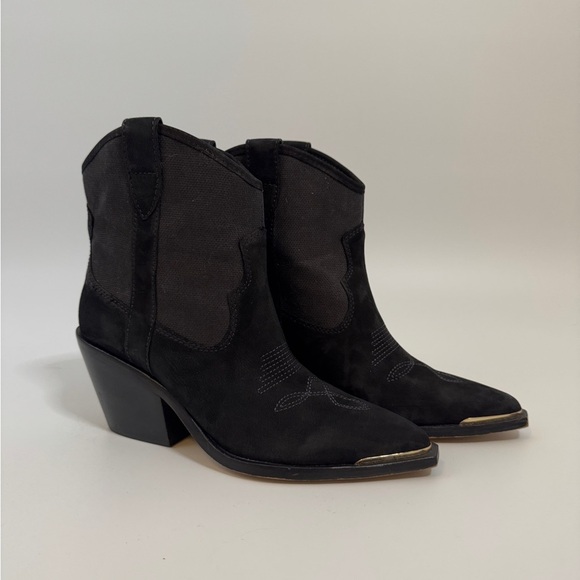 Dolce Vita Black Suede Western Ankle Booties — Metallic Gold Cap Toe, Size 8 - Picture 1 of 8